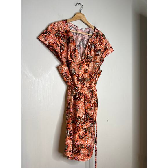NEW A.L.C. Alice V-Neck Short Sleeve Elastic Waist Orange/Rose Mini Dress - Picture 3 of 7